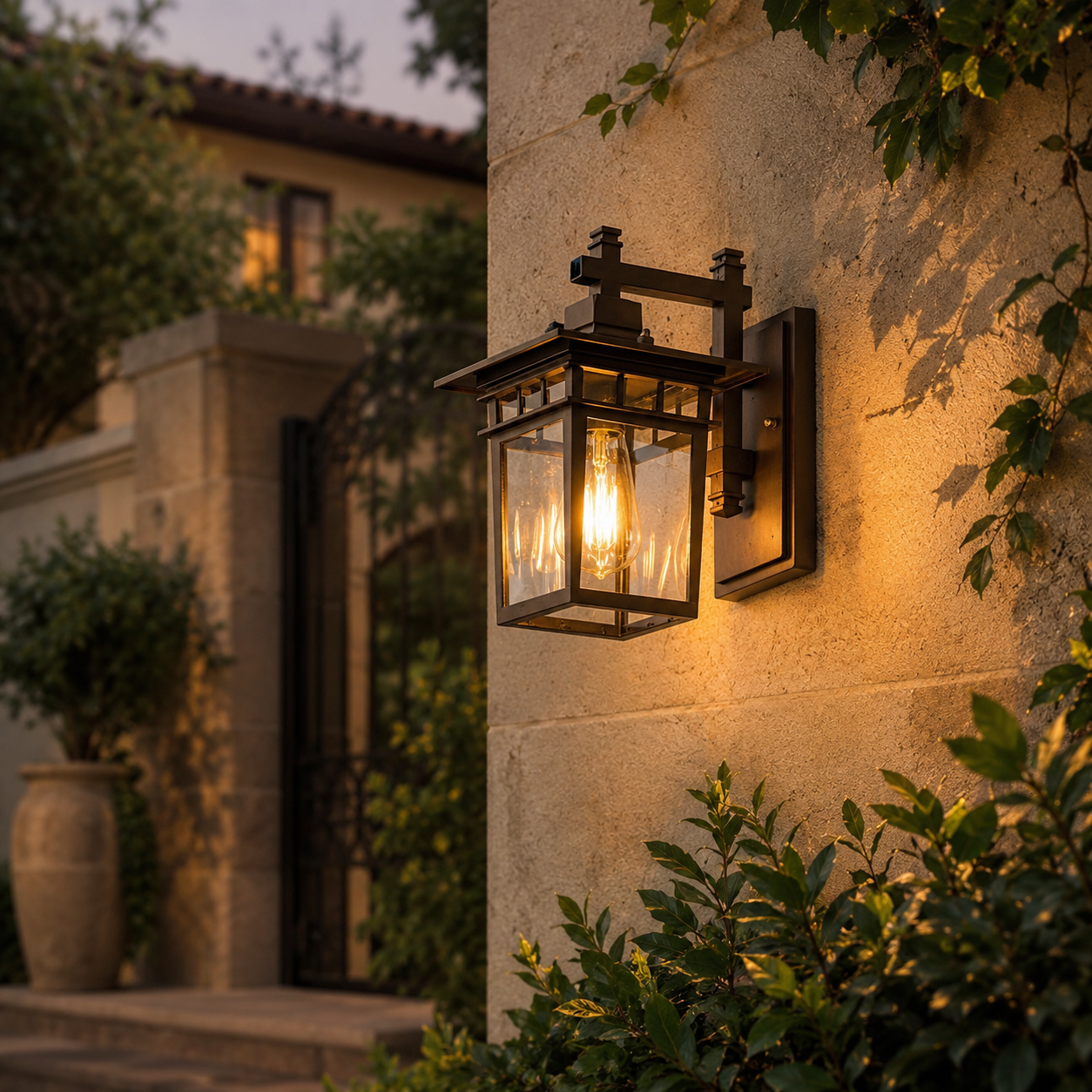 Avenor bronze outdoor wall lantern illuminating a garden entrance with warm ambient glow