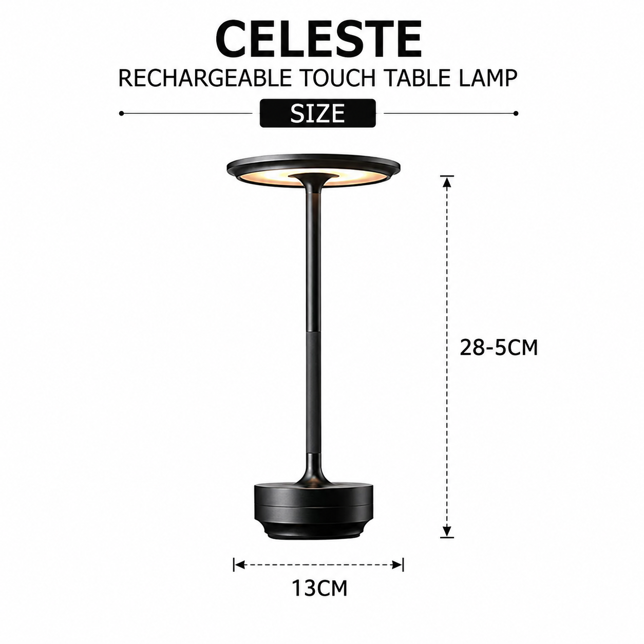 Celeste Rechargeable Touch Table Lamp size guide showing 28.5 cm height and 13 cm width