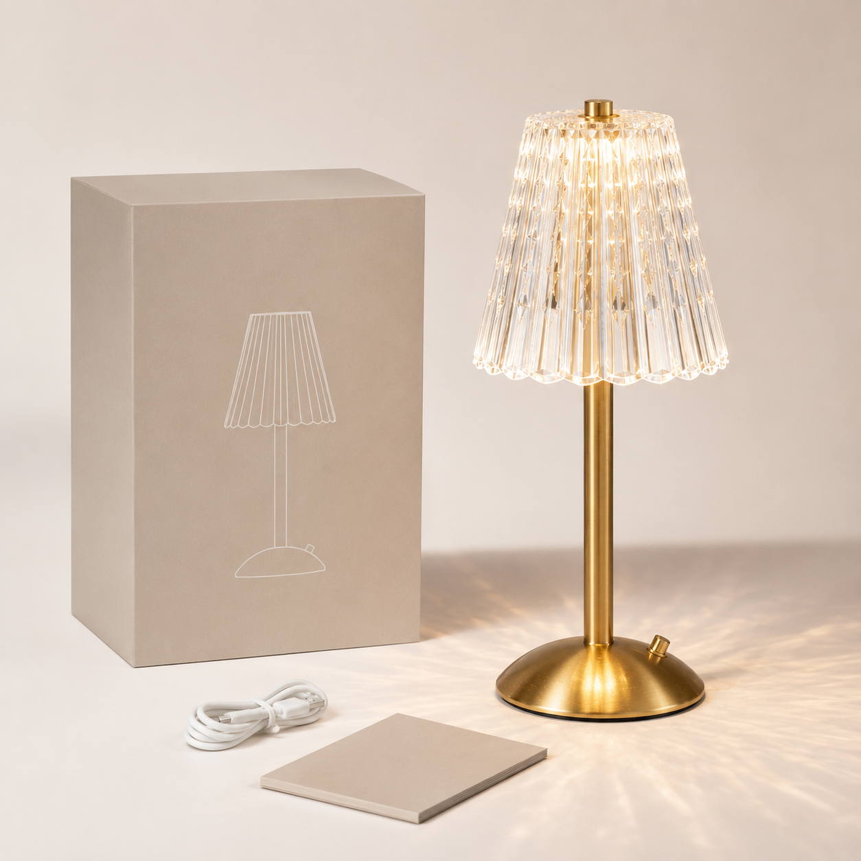 Elara crystal table lamp with charging cable and retail packaging