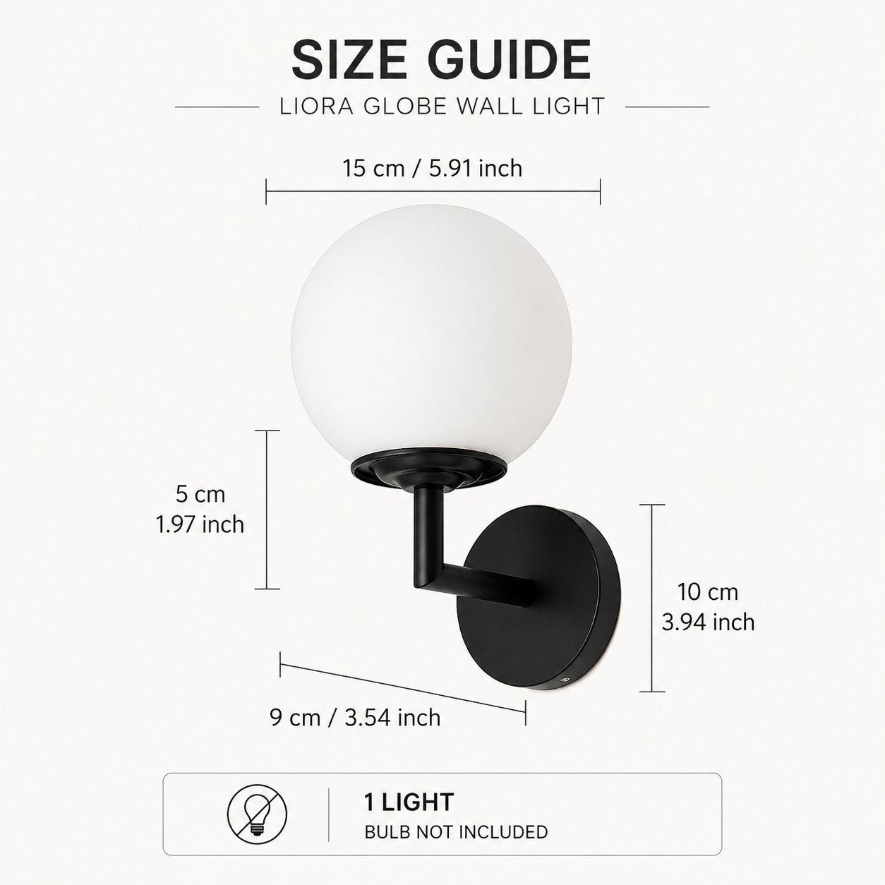 Liora black globe wall light size guide showing 15 cm globe width, 10 cm wall plate height and 9 cm depth
