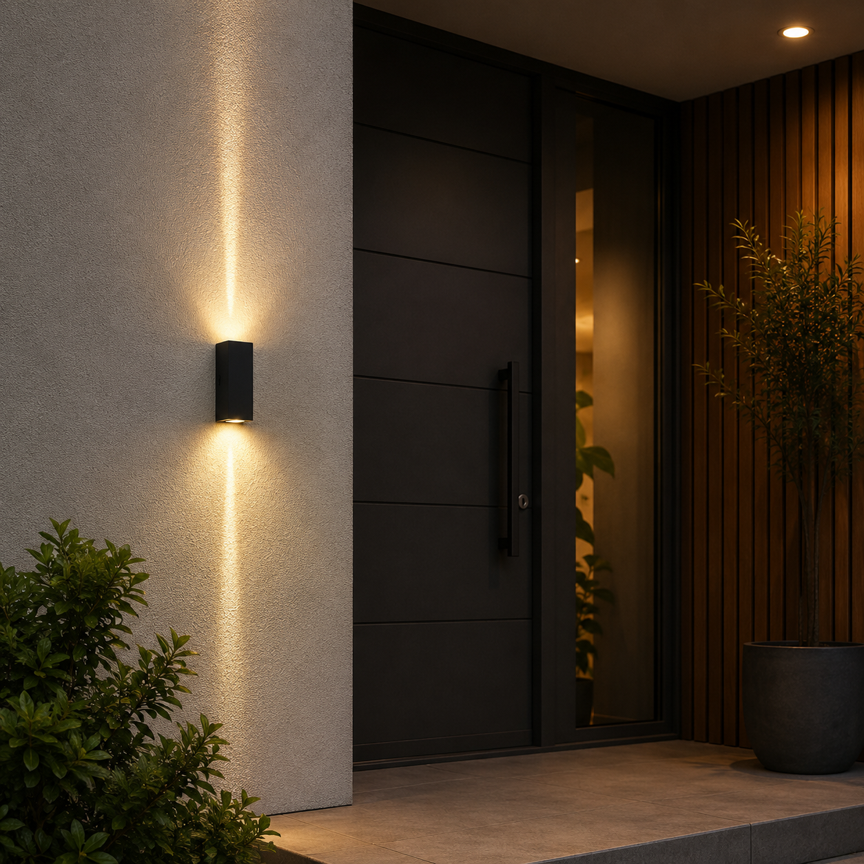 Lunara outdoor wall light with cold white beam on a modern garden wal