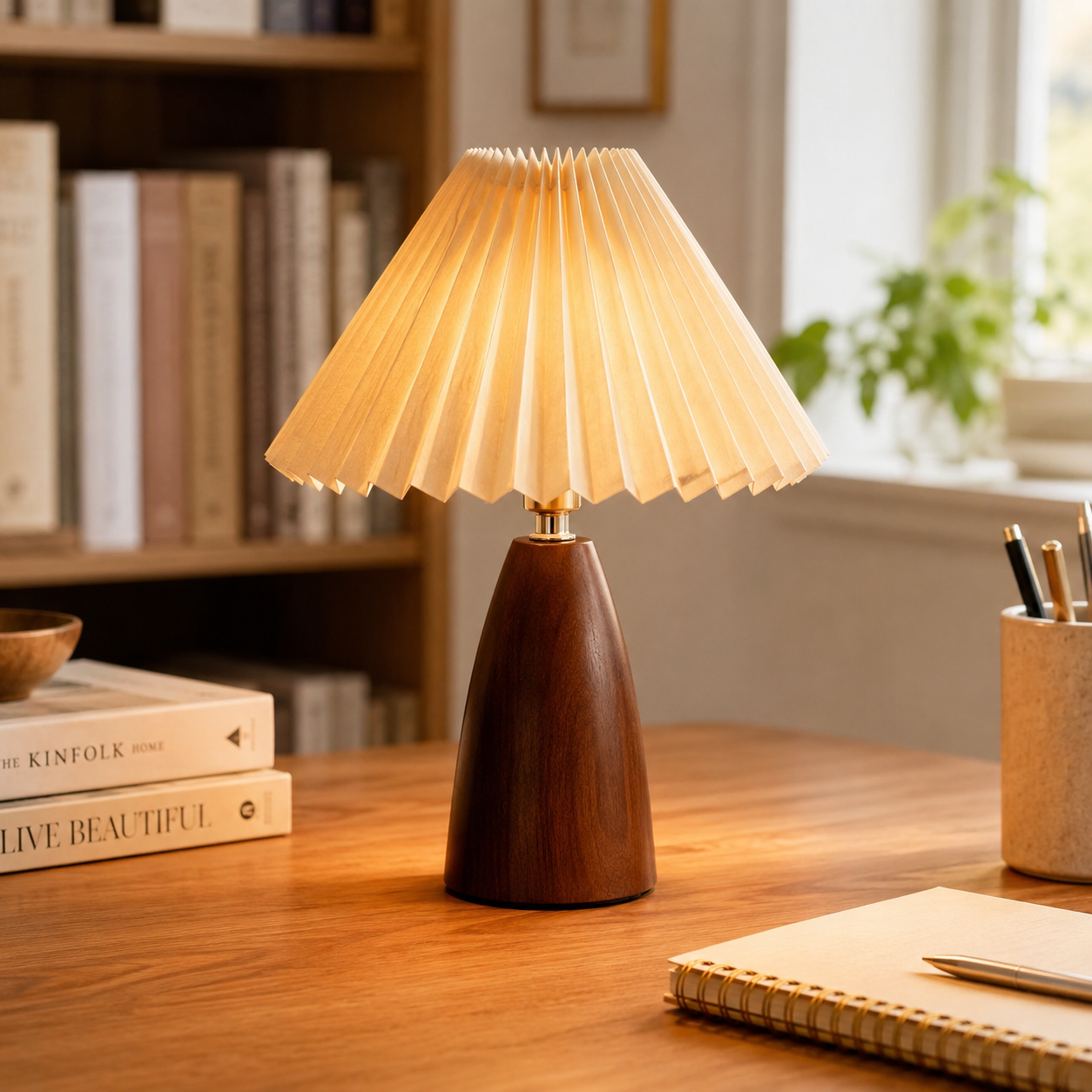 Marlow Pleated Wooden Table Lamp adding soft ambient light to a cosy reading corner