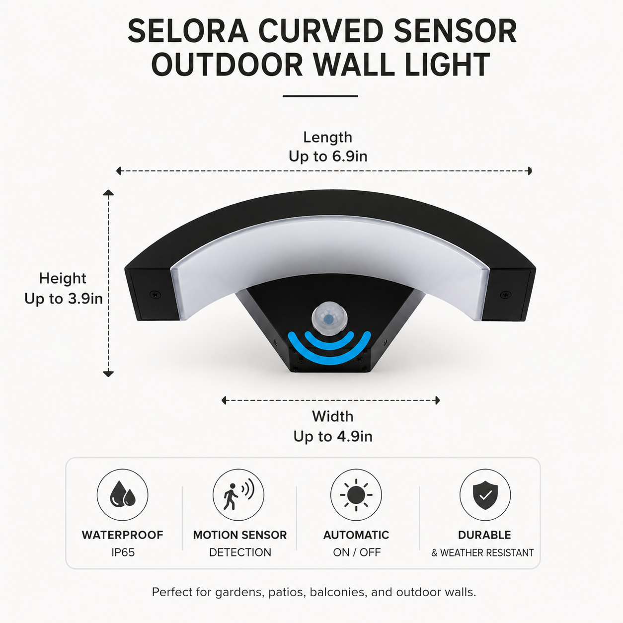 Selora Curved Sensor Outdoor Wall Light size guide showing curved black sensor light with length up to 6.9 inches, width up to 4.9 inches and height up to 3.9 inches