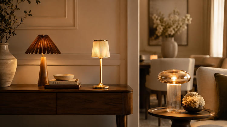 Elegant table lamps glowing in a warm modern home interior with wooden furniture, soft lighting, and premium neutral decor