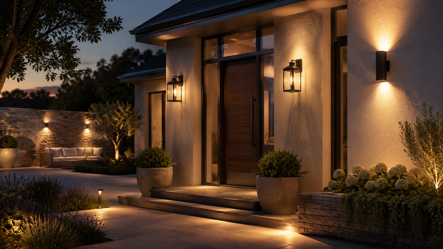 Modern outdoor wall lights glowing warmly on a premium home exterior with garden lighting, planters, and an elegant entrance