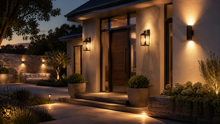 Modern outdoor wall lights glowing warmly on a premium home exterior with garden lighting, planters, and an elegant entrance