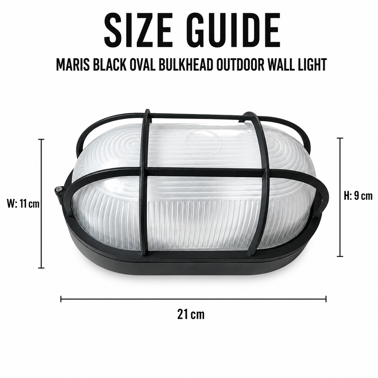 Clean size guide image for the Maris Black Oval Bulkhead Outdoor Wall Light showing product dimensions for Shopify product gallery.