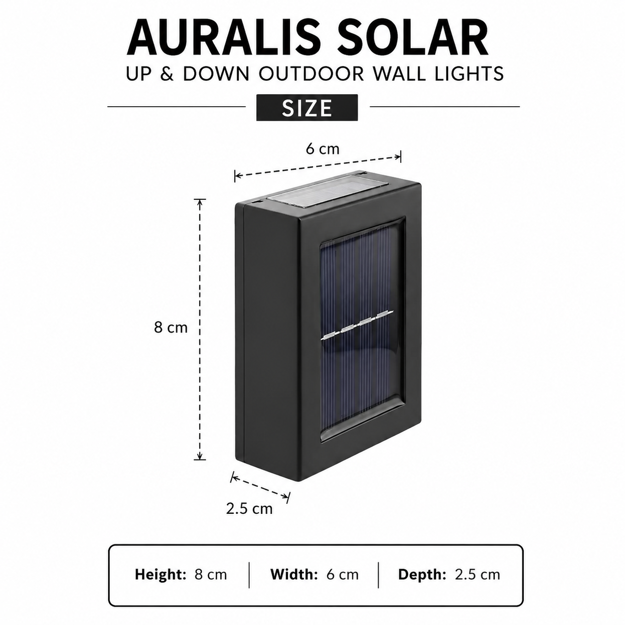 Auralis Solar Up and Down Outdoor Wall Lights size guide showing black solar wall light with 8 cm height, 6 cm width and 2.5 cm depth