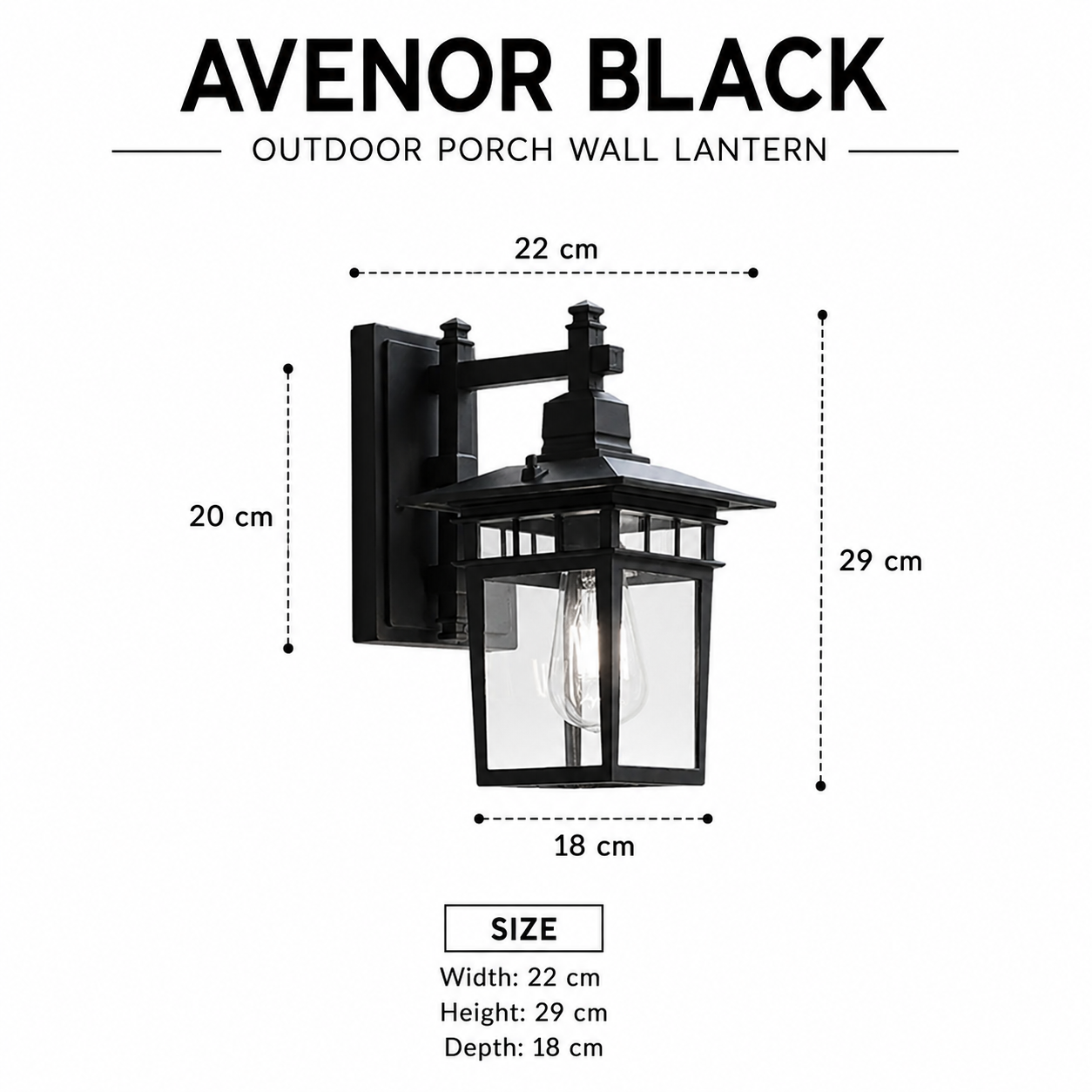 Avenor Black Outdoor Porch Wall Lantern size guide showing 22 cm width, 29 cm height and 18 cm depth