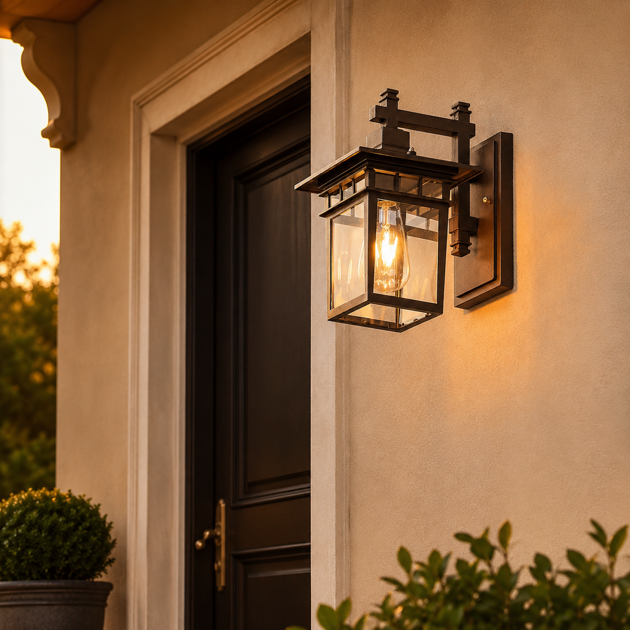 Avenor bronze outdoor porch wall lantern beside a front door with warm evening light