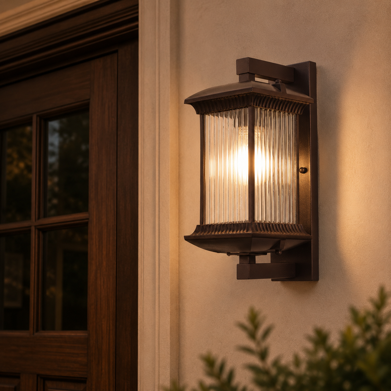Avenor brown garden wall lantern illuminating a walkway at dusk