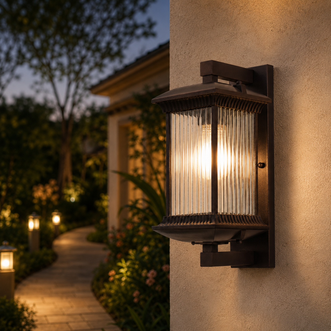 Avenor brown outdoor lantern on a brick wall with warm evening glow