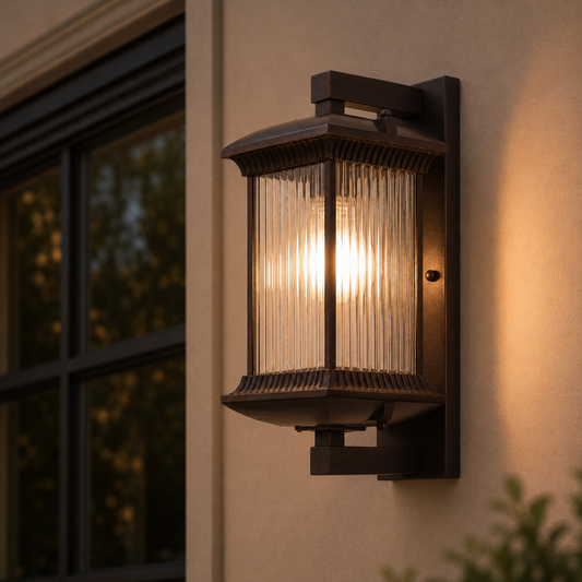 Avenor brown outdoor porch wall lantern beside a wooden front door with warm light