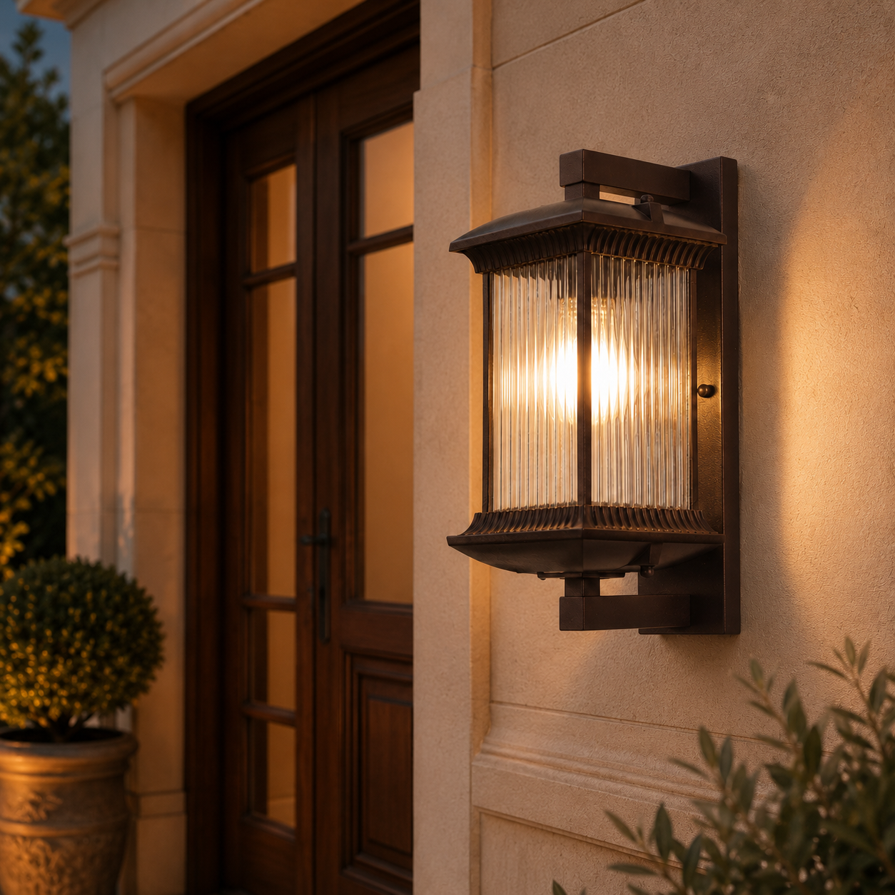 Brown ribbed glass outdoor wall lantern with warm ambient light