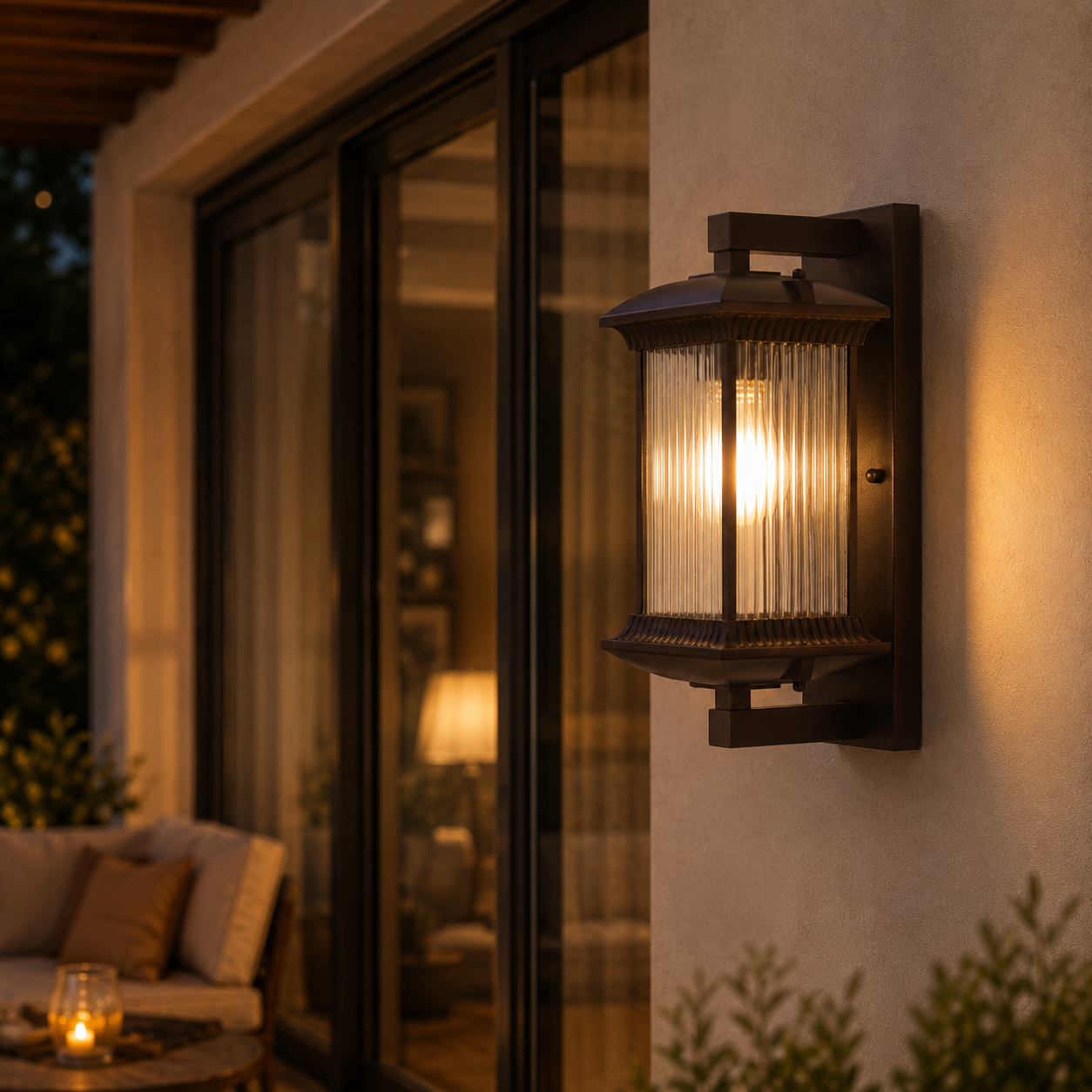 Brown outdoor wall lantern mounted near a premium home entrance