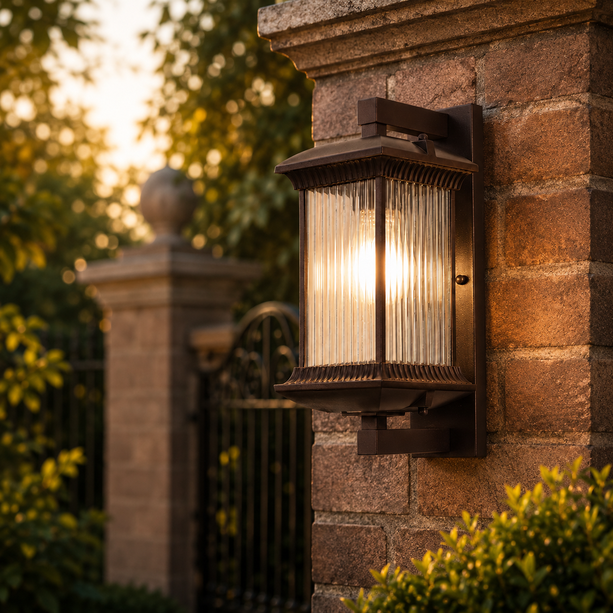 Brown outdoor porch wall lantern lighting a cosy patio area