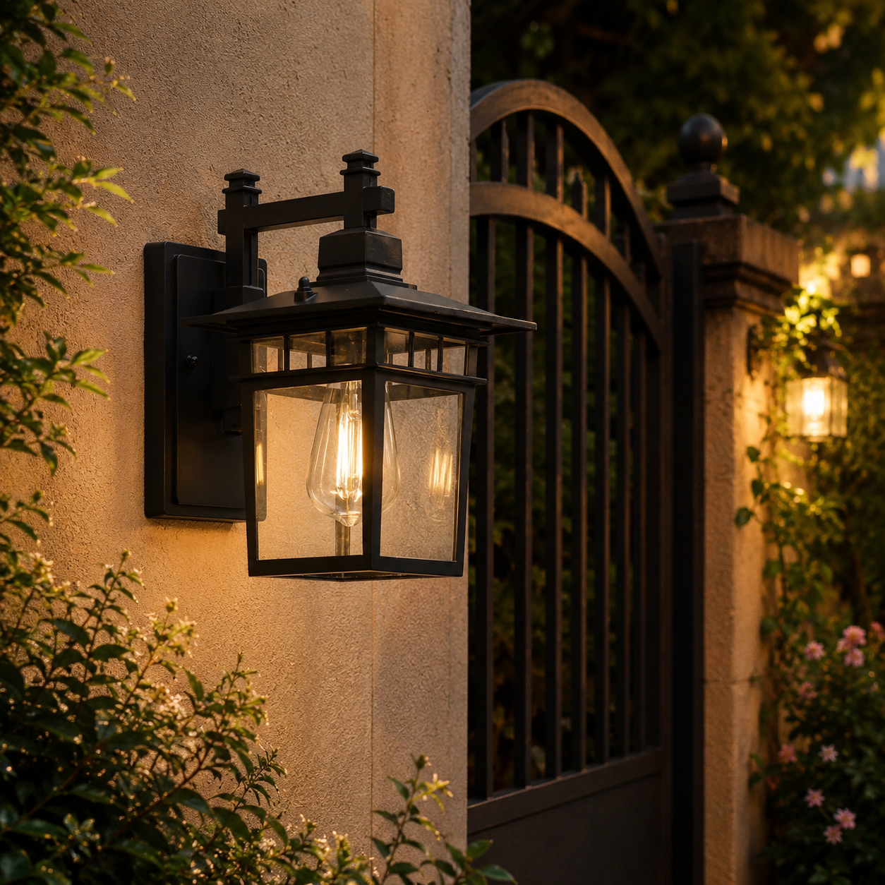 Avenor black outdoor wall lantern illuminating a stylish garden entrance at dusk
