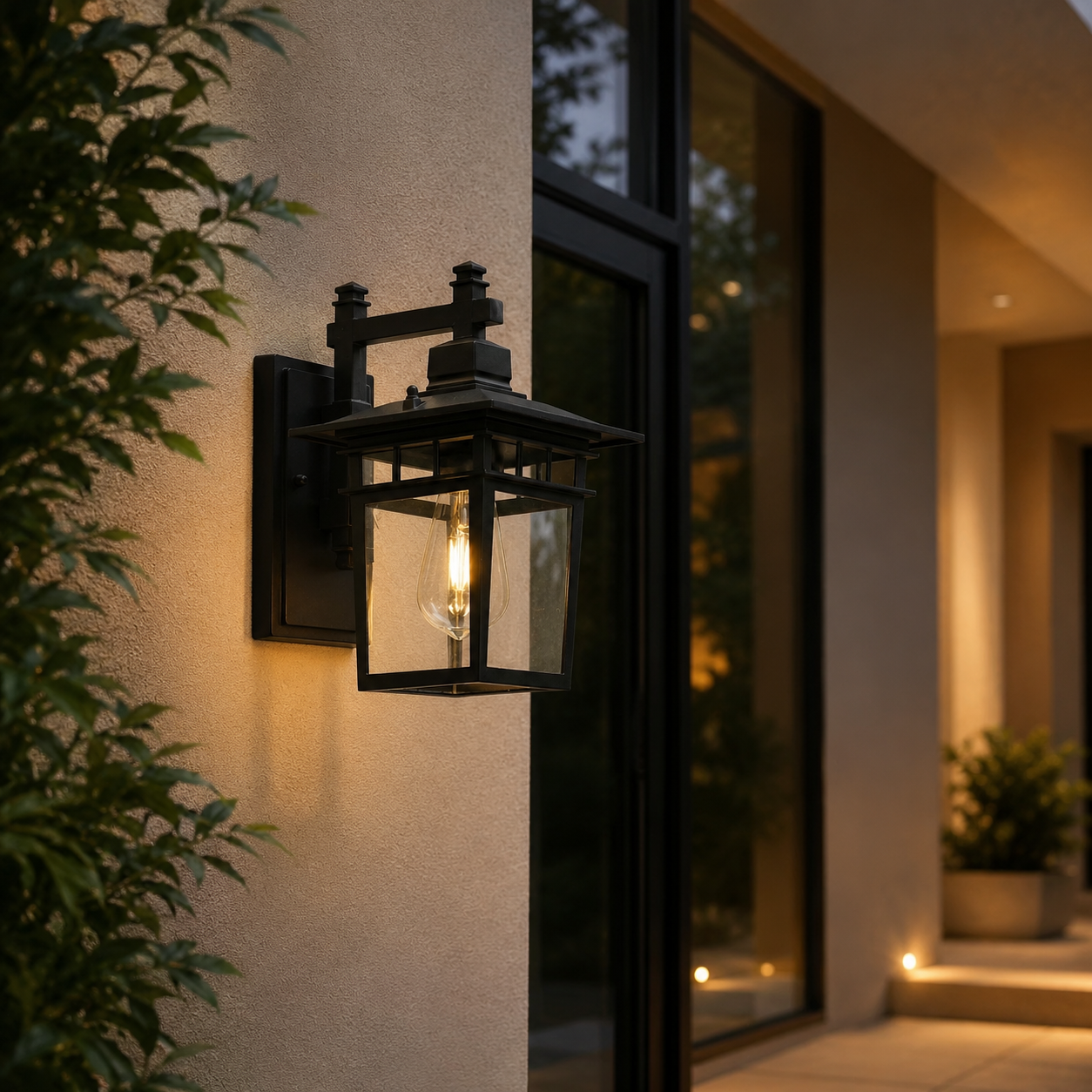 Avenor outdoor wall lantern installed beside a garden gate with elegant warm exterior lighting