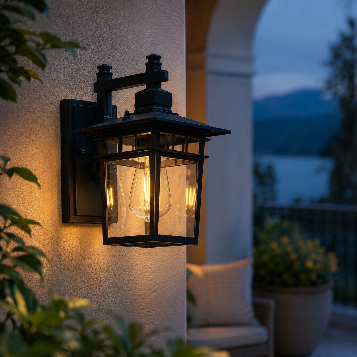 Black outdoor porch wall lantern on a modern exterior wall with warm twilight lighting