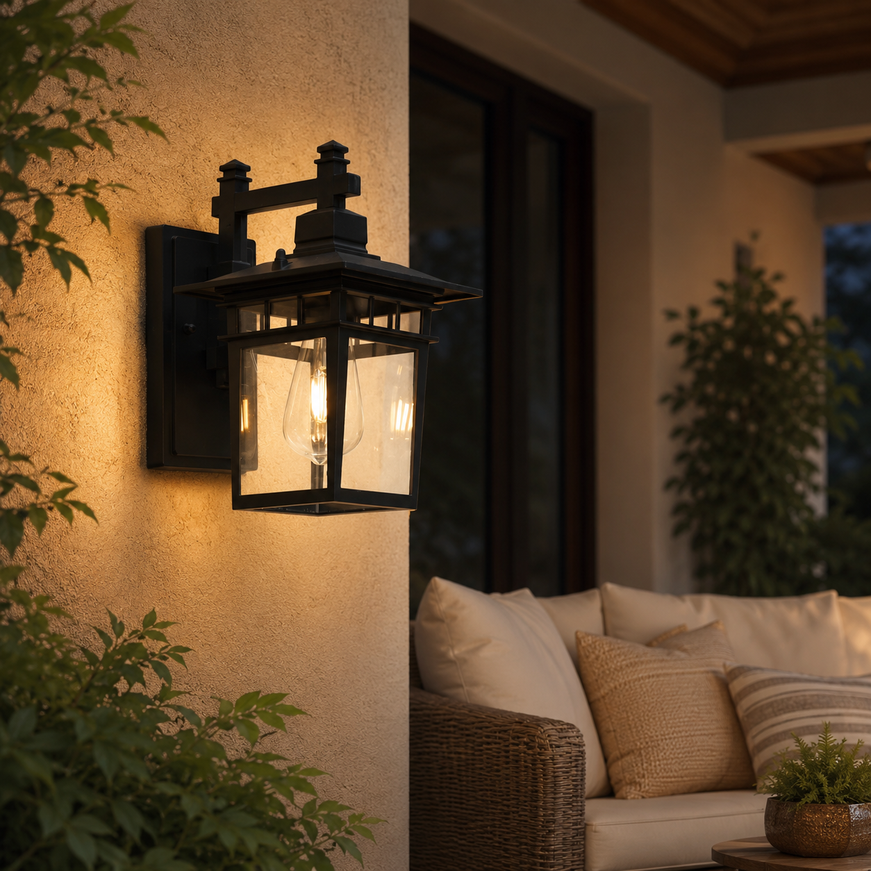 Black outdoor porch lantern creating a warm glow in a luxury patio lounge setting