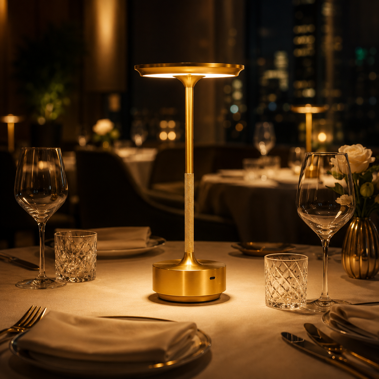 Celeste Rechargeable Touch Table Lamp glowing warmly on a bedside table in a modern beige bedroom
