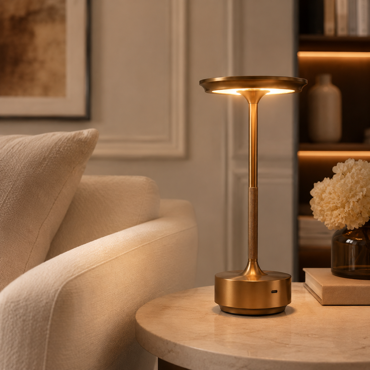 Black Celeste Rechargeable Touch Table Lamp on a modern wooden desk with warm ambient light