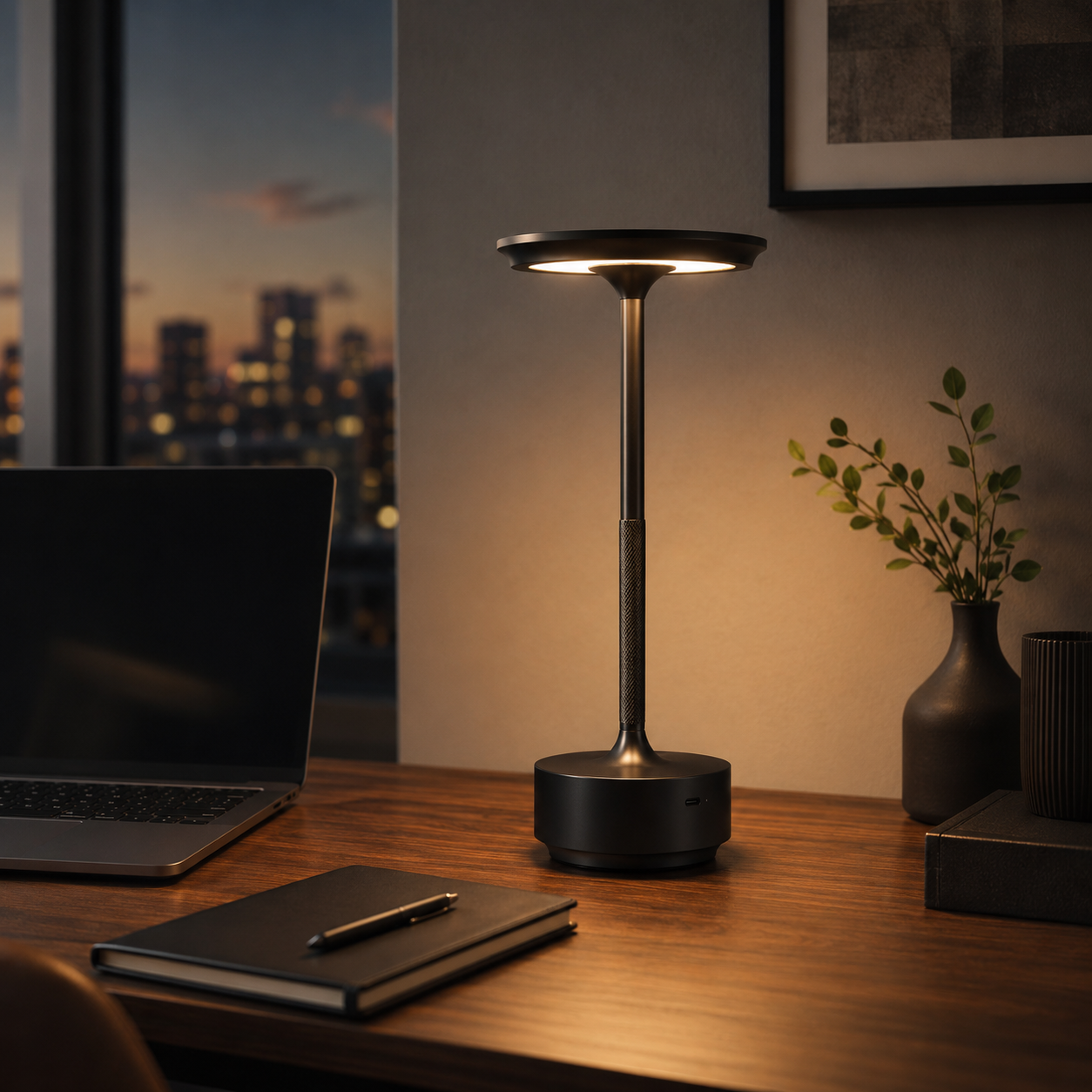 Bronze Celeste Rechargeable Touch Table Lamp styled beside a sofa in a warm modern living room