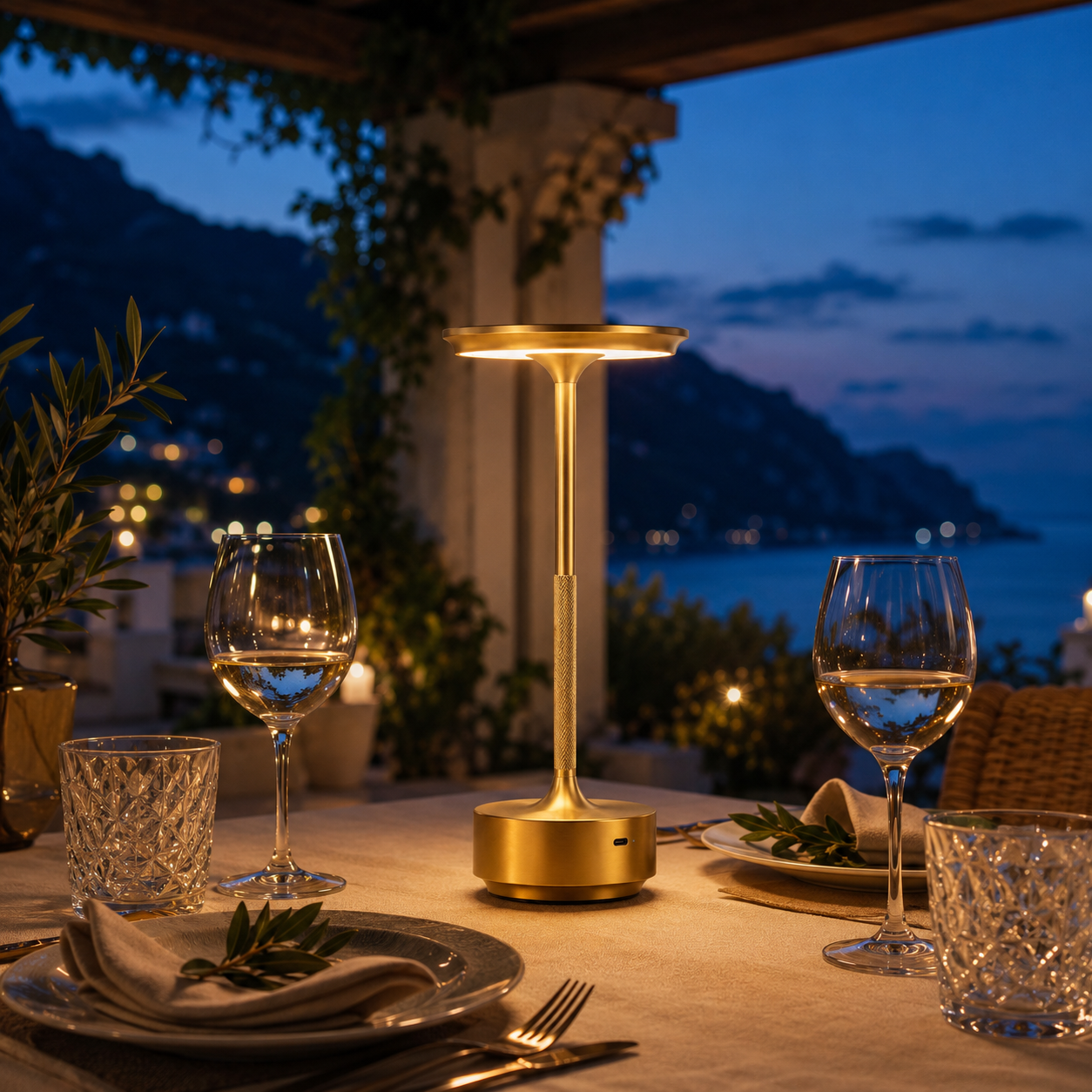 Silver Celeste Rechargeable Touch Table Lamp being carried as a portable cordless light