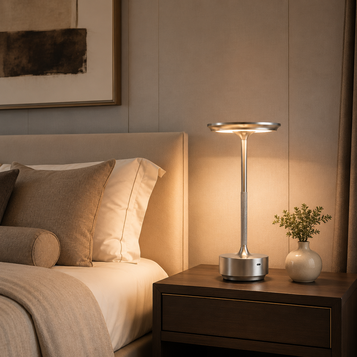 Gold Celeste Rechargeable Touch Table Lamp creating a warm restaurant dining atmosphere