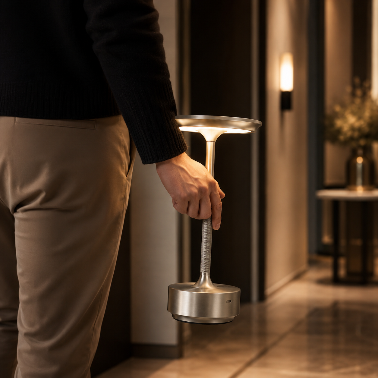Gold Celeste Rechargeable Touch Table Lamp illuminating an elegant terrace dining table at dusk