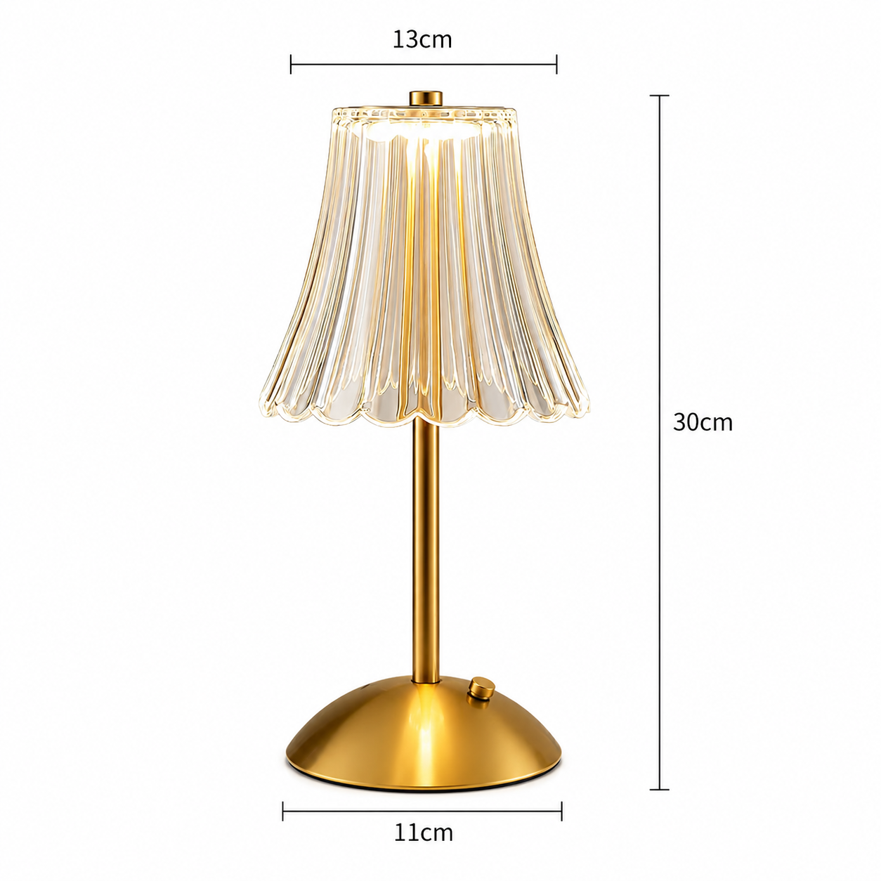 Elara Crystal Cordless Table Lamp size guide in gold showing 30 cm height, 13 cm shade width and 11 cm base width