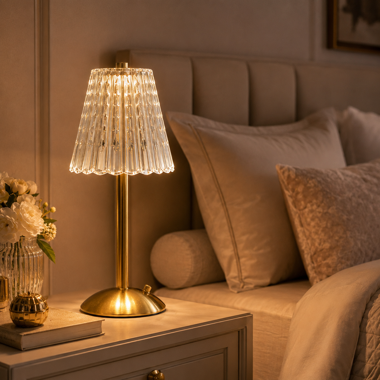 Elara gold crystal bedside table lamp creating a warm glow in a modern bedroom