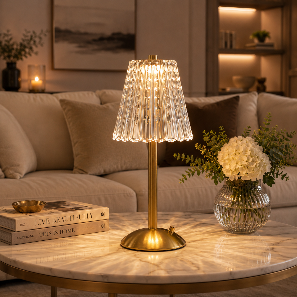 Elara rechargeable crystal table lamp illuminating an elegant dining table