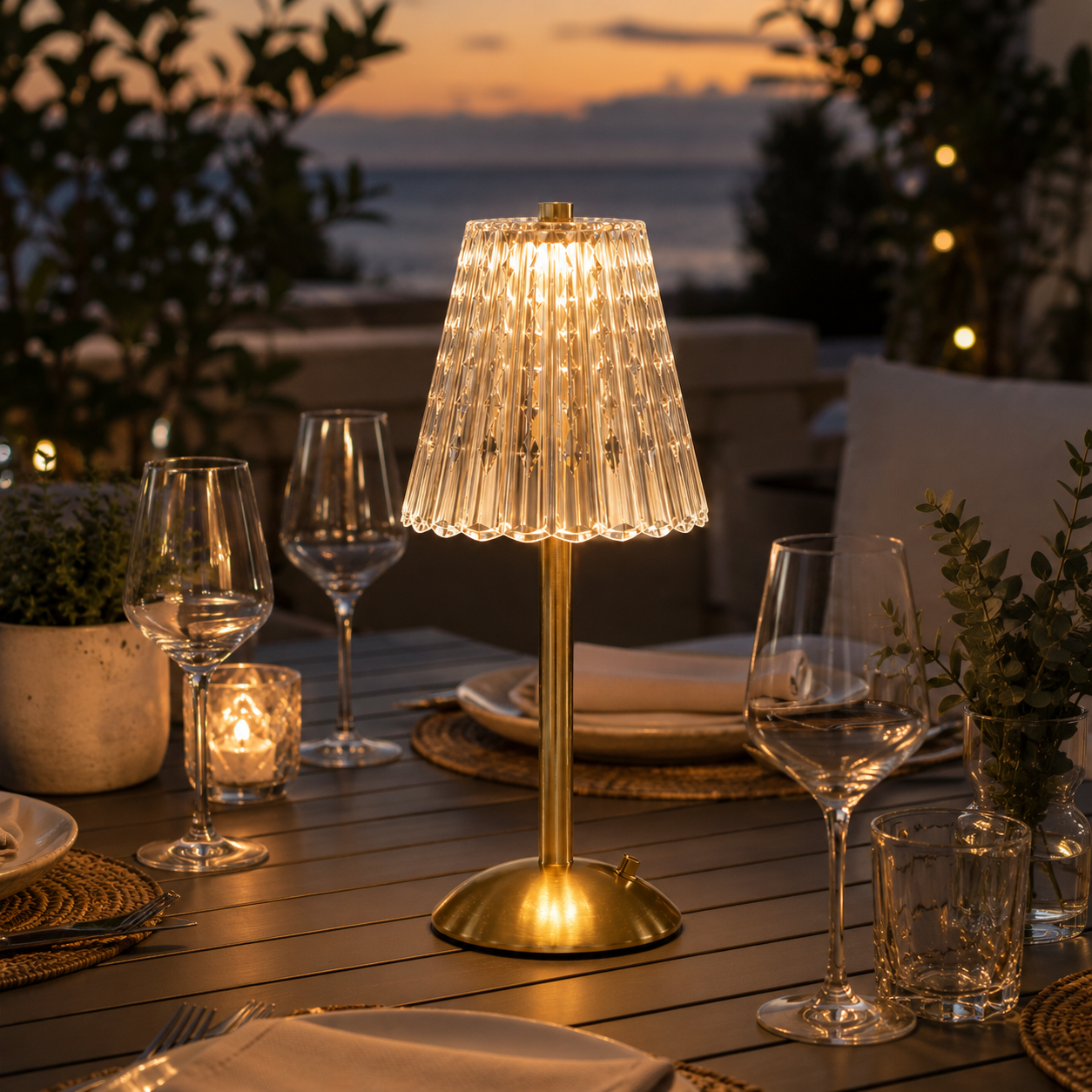 Elara gold crystal rechargeable table lamp on a neutral studio background