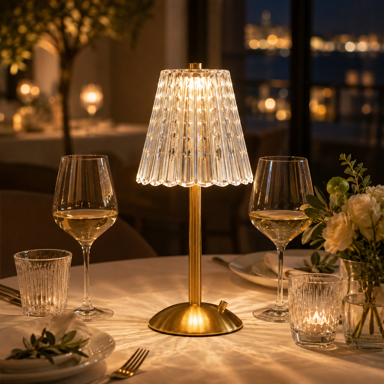 Elara crystal table lamp glowing on a marble coffee table in an elegant living room