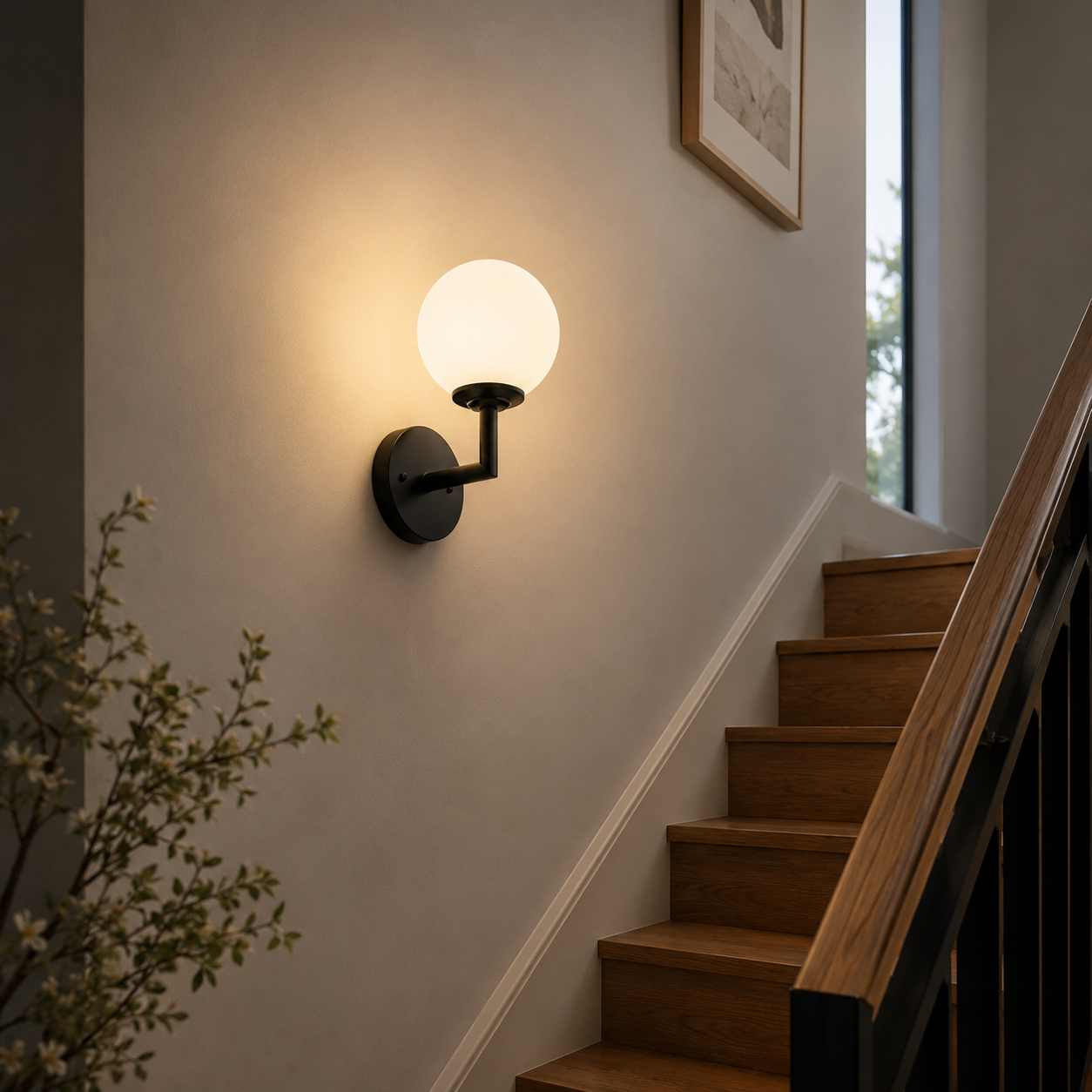 Close-up of Liora black globe wall light with white round shade