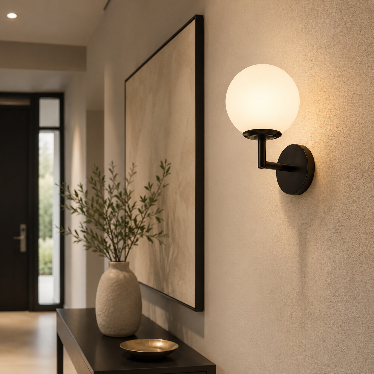 Liora black globe wall light with white shade in a modern interior