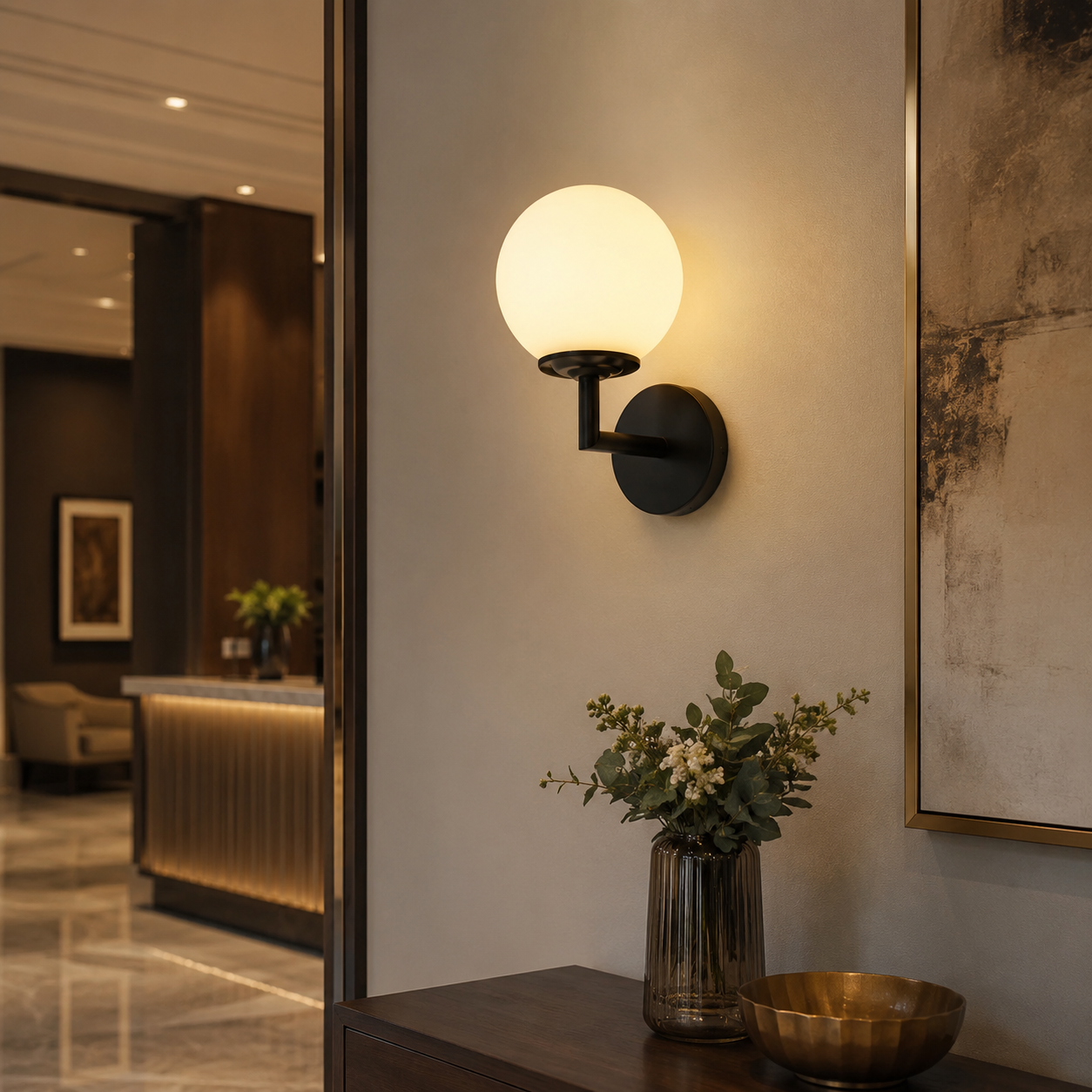 Black globe wall sconce lighting a modern hallway
