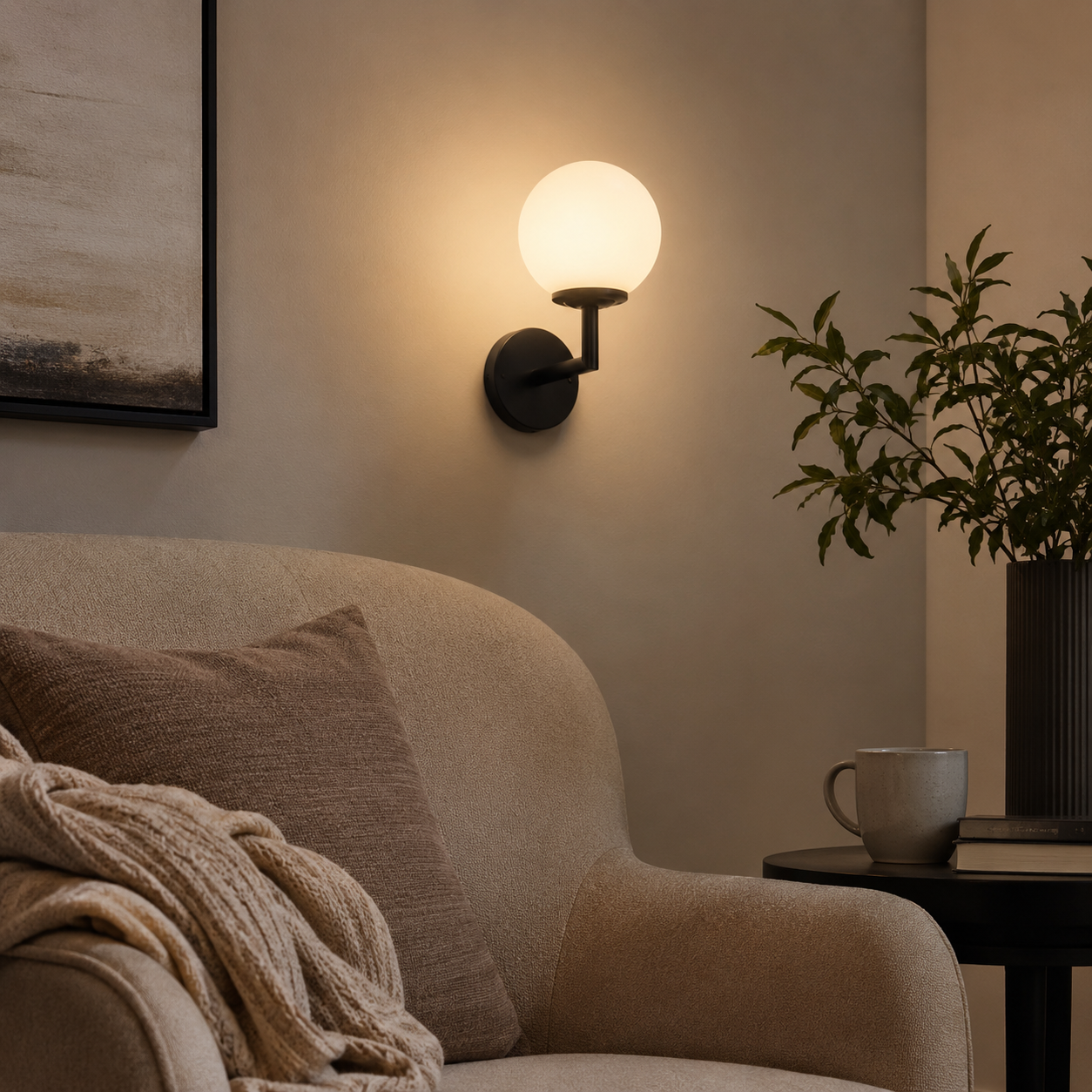 Liora globe wall light installed beside a modern bedroom wall
