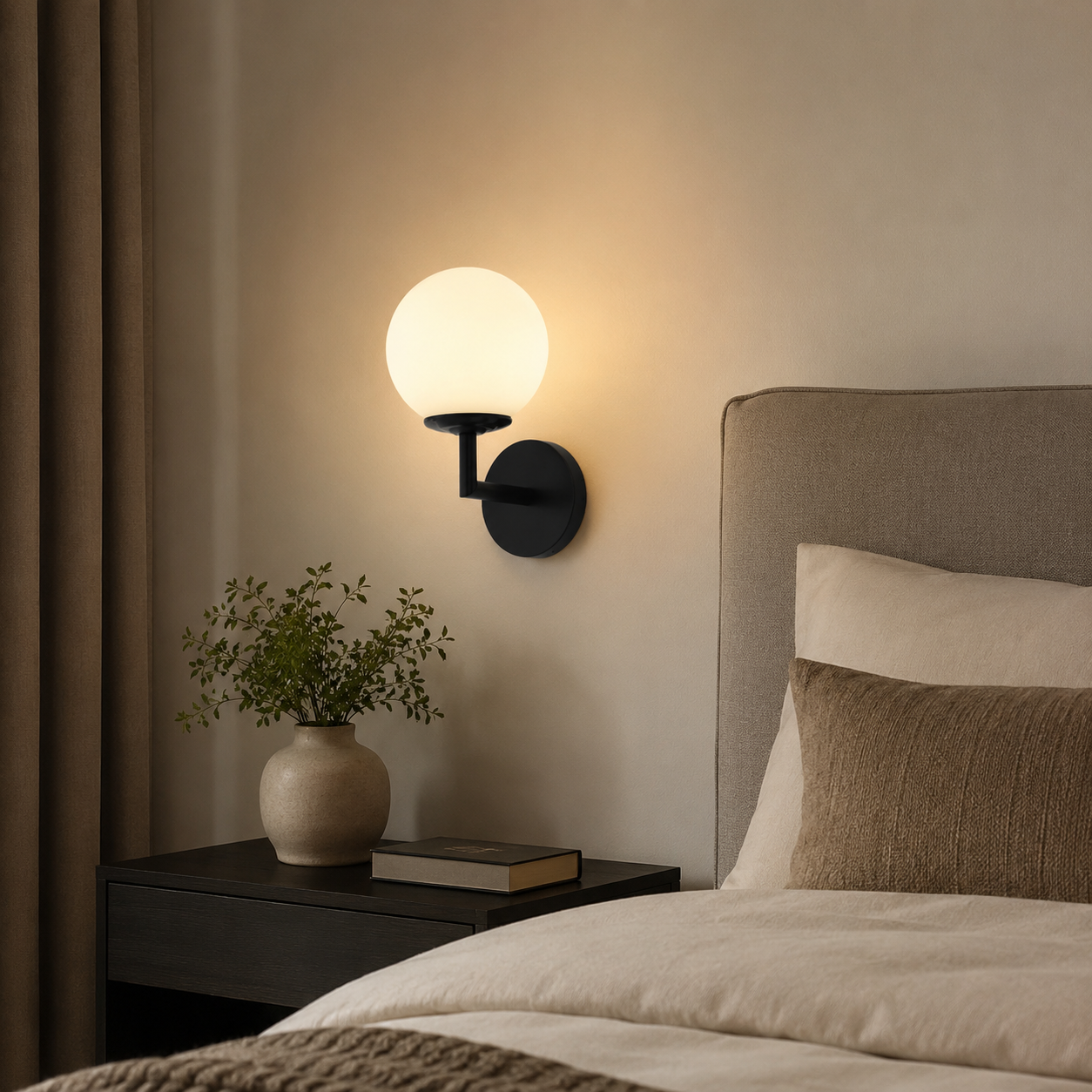 Liora black globe wall light beside a bathroom mirror