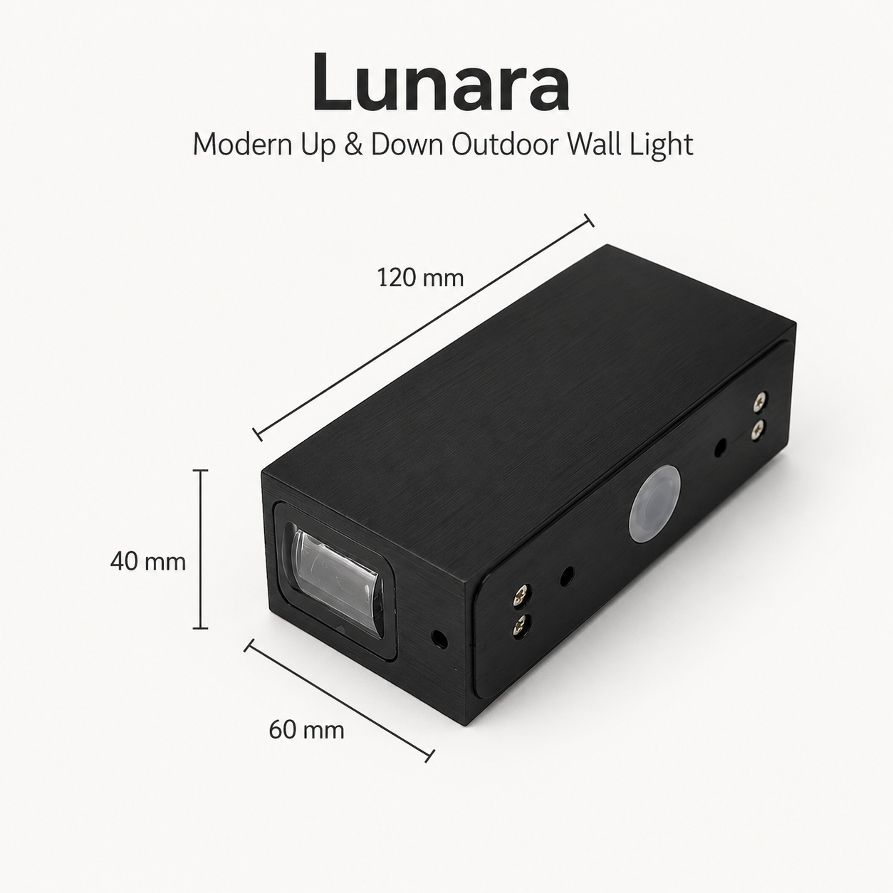 Lunara Modern Up and Down Outdoor Wall Light size guide in black showing 120 mm length, 60 mm width and 40 mm height