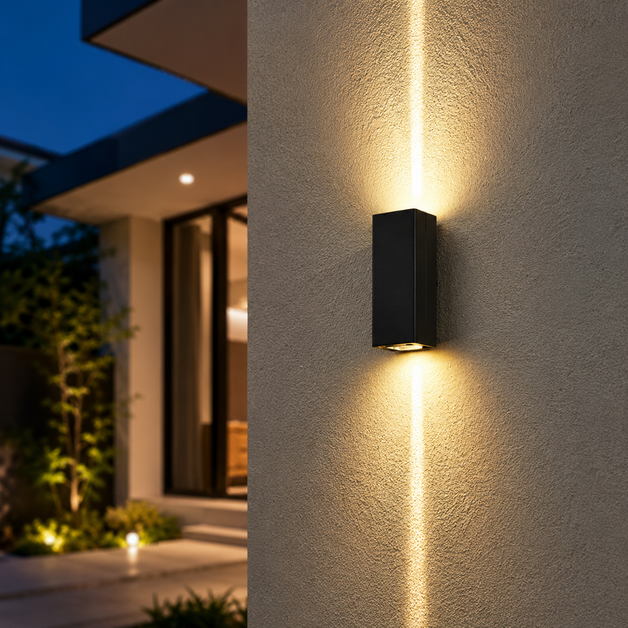 Lunara black outdoor wall light installed beside a modern home entrance with warm white light