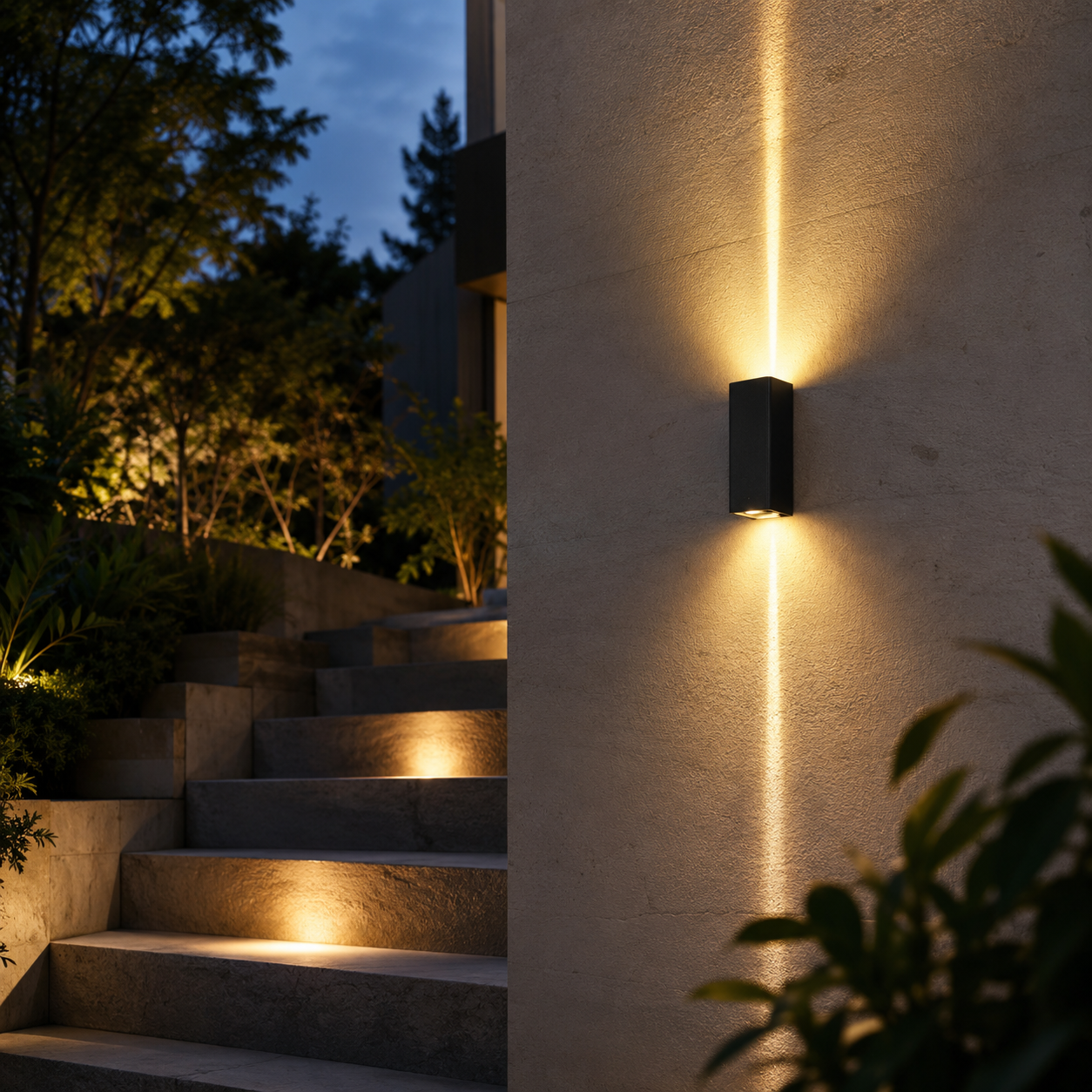 Lunara modern outdoor wall light casting warm white beams beside exterior stairs