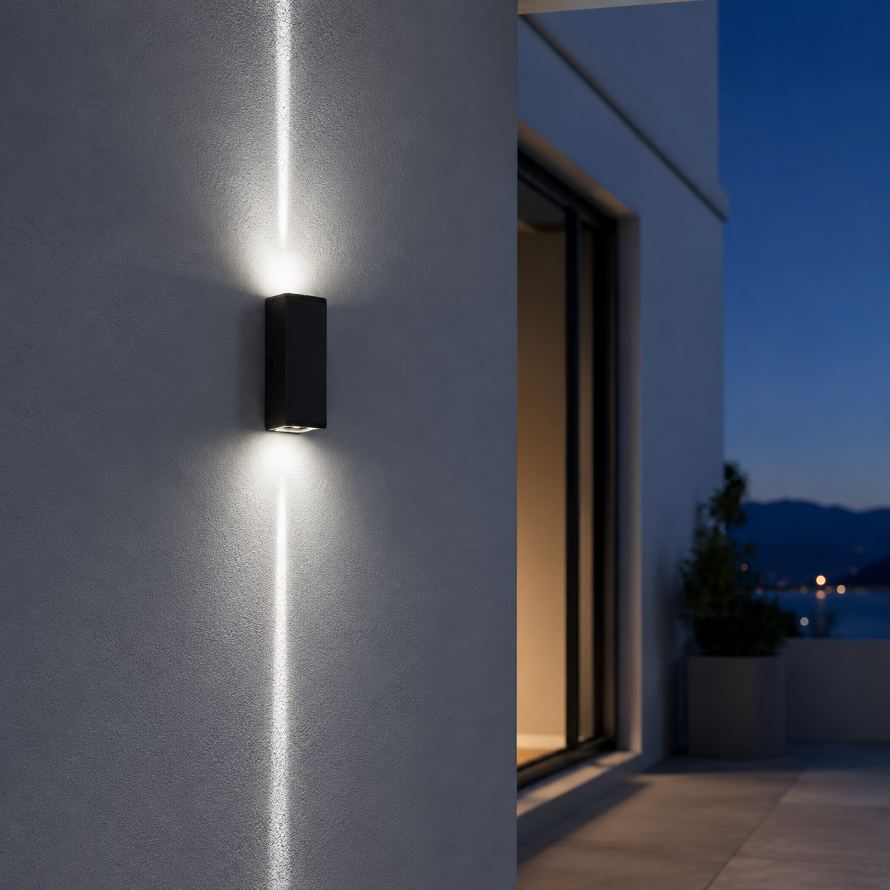 Lunara black outdoor wall light with cold white up and down beam on exterior wall