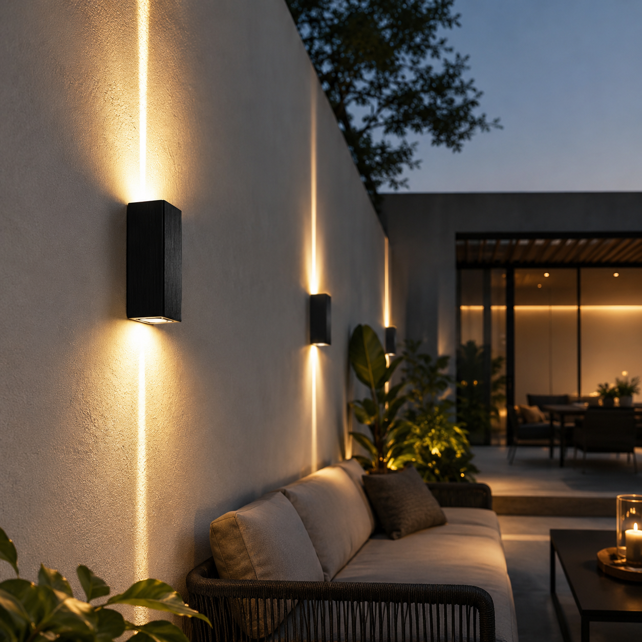 Lunara modern up and down outdoor wall light with warm white beam on exterior wall