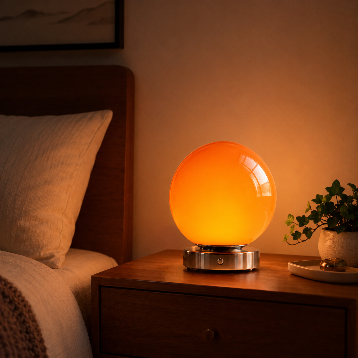 Lunora orange glass balloon lamp creating a warm glow on a bedside table