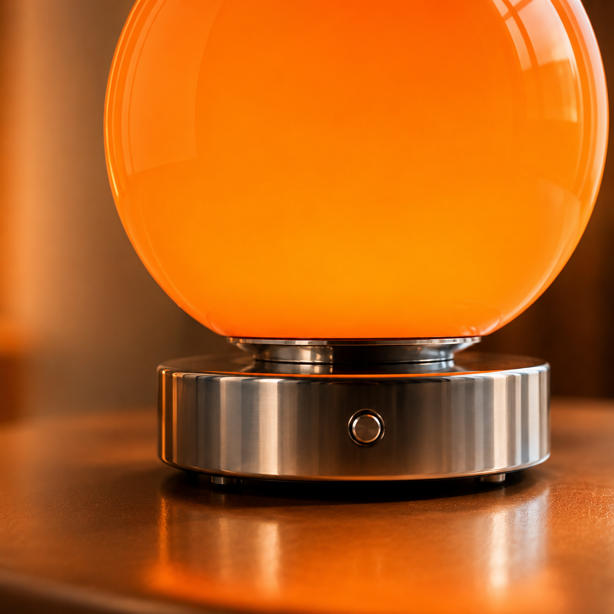 Lunora orange glass orb table lamp displayed in a cosy modern living room