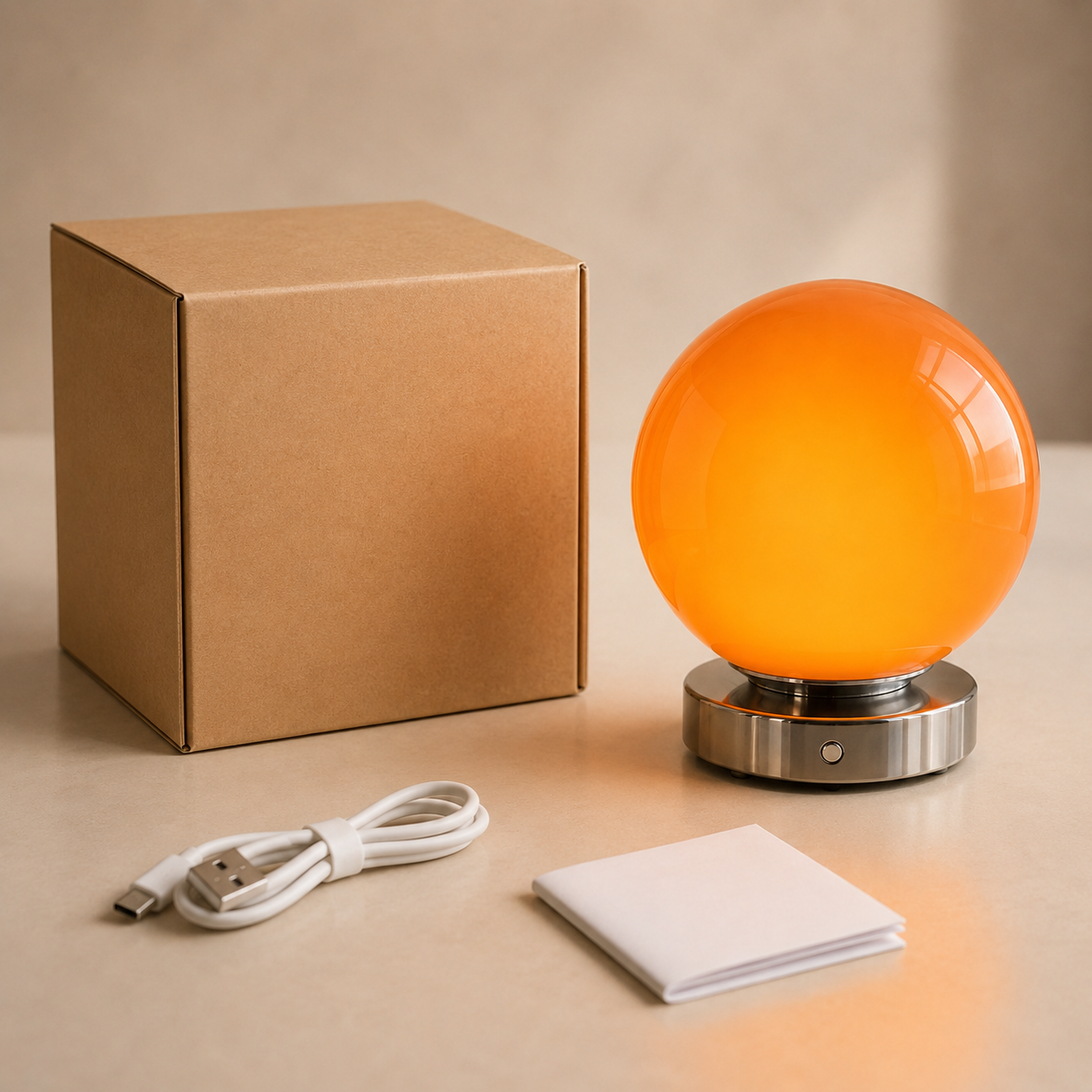 Lunora glass balloon lamp with USB cable retail box and instruction booklet