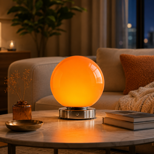 Lunora orange glass balloon table lamp glowing on a clean studio background