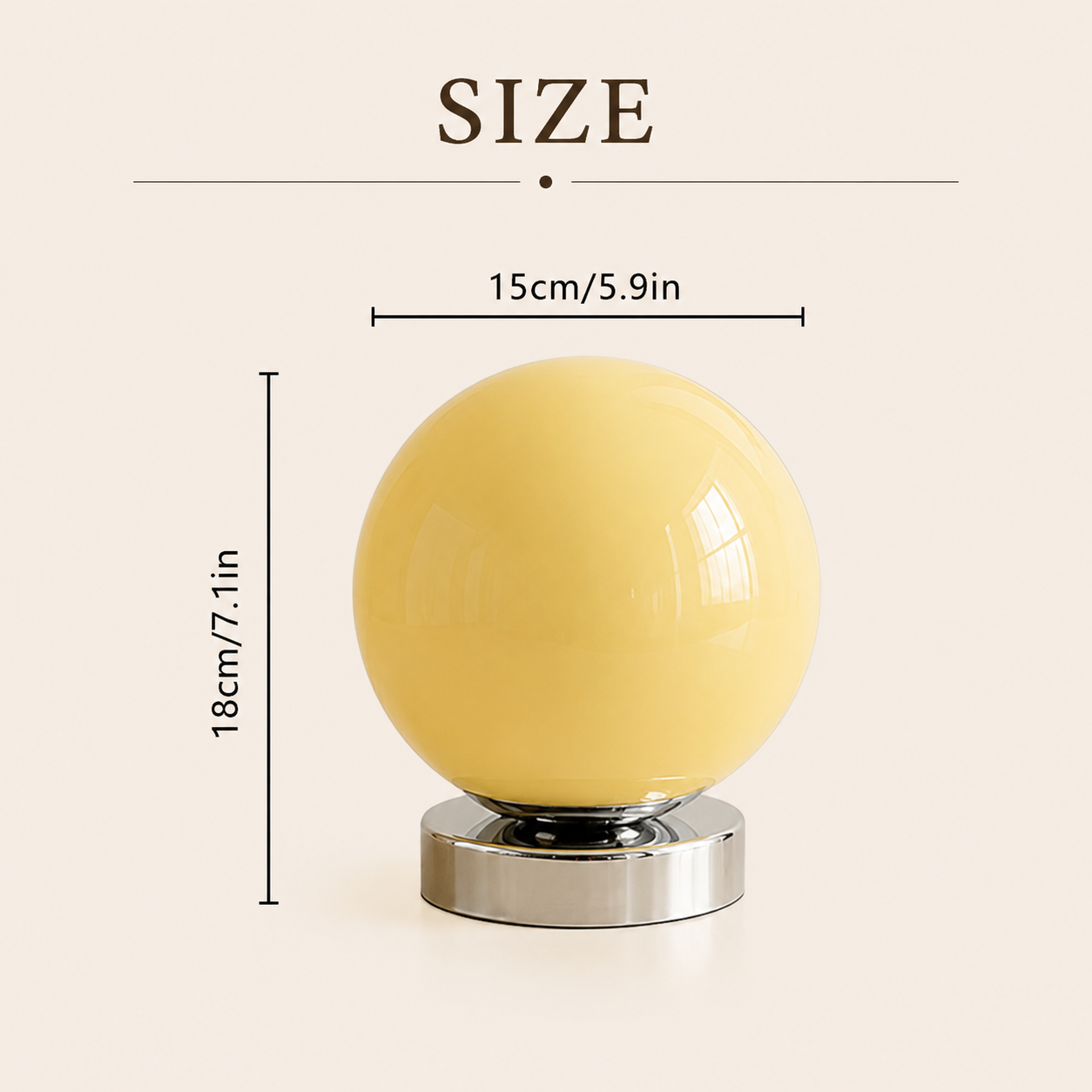 Lunora Murano Glass Balloon Table Lamp size guide showing 18 cm height and 15 cm width
